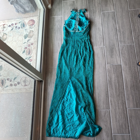 90s Turquoise Teal sequin Beaded Open Back Prom Dance Pageant Dress gown - Picture 7 of 11